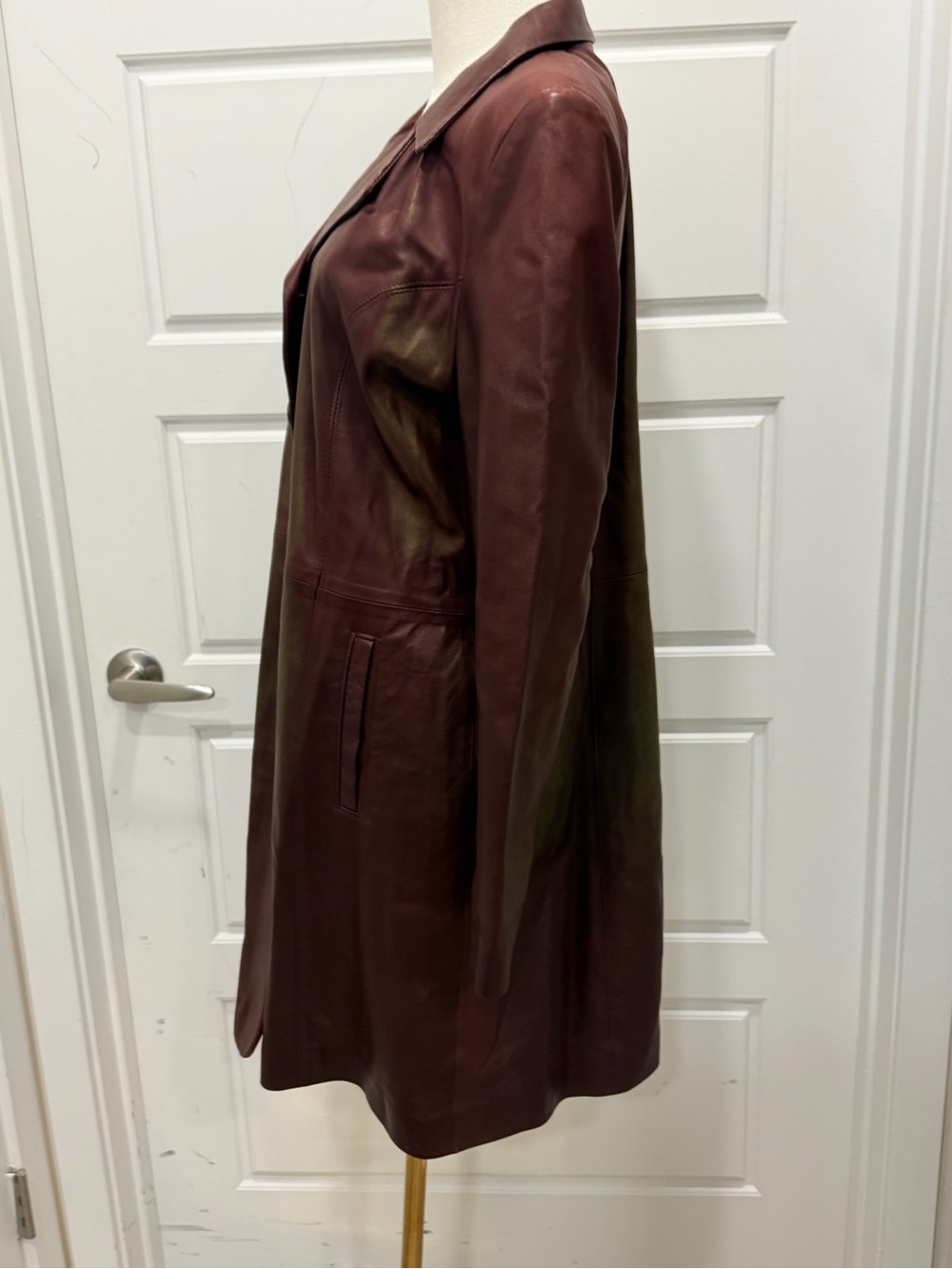 Johenic Leather Button-Front Coat in Deep Brick Red and Shimmering Gold Finish - Picture 7 of 12